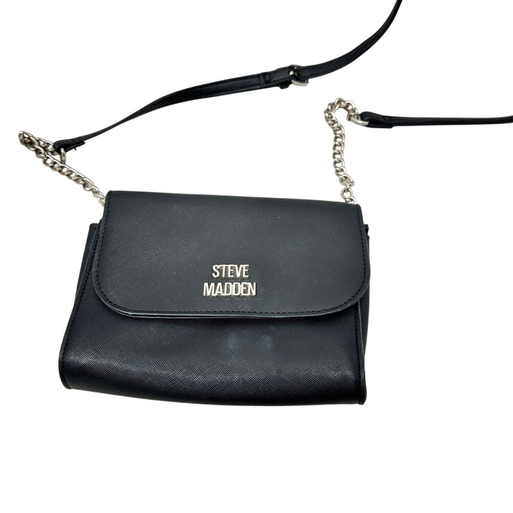 Steve Madden Black Faux Leather Crossbody Handbag Purse Bag Chain Strap Preppy
